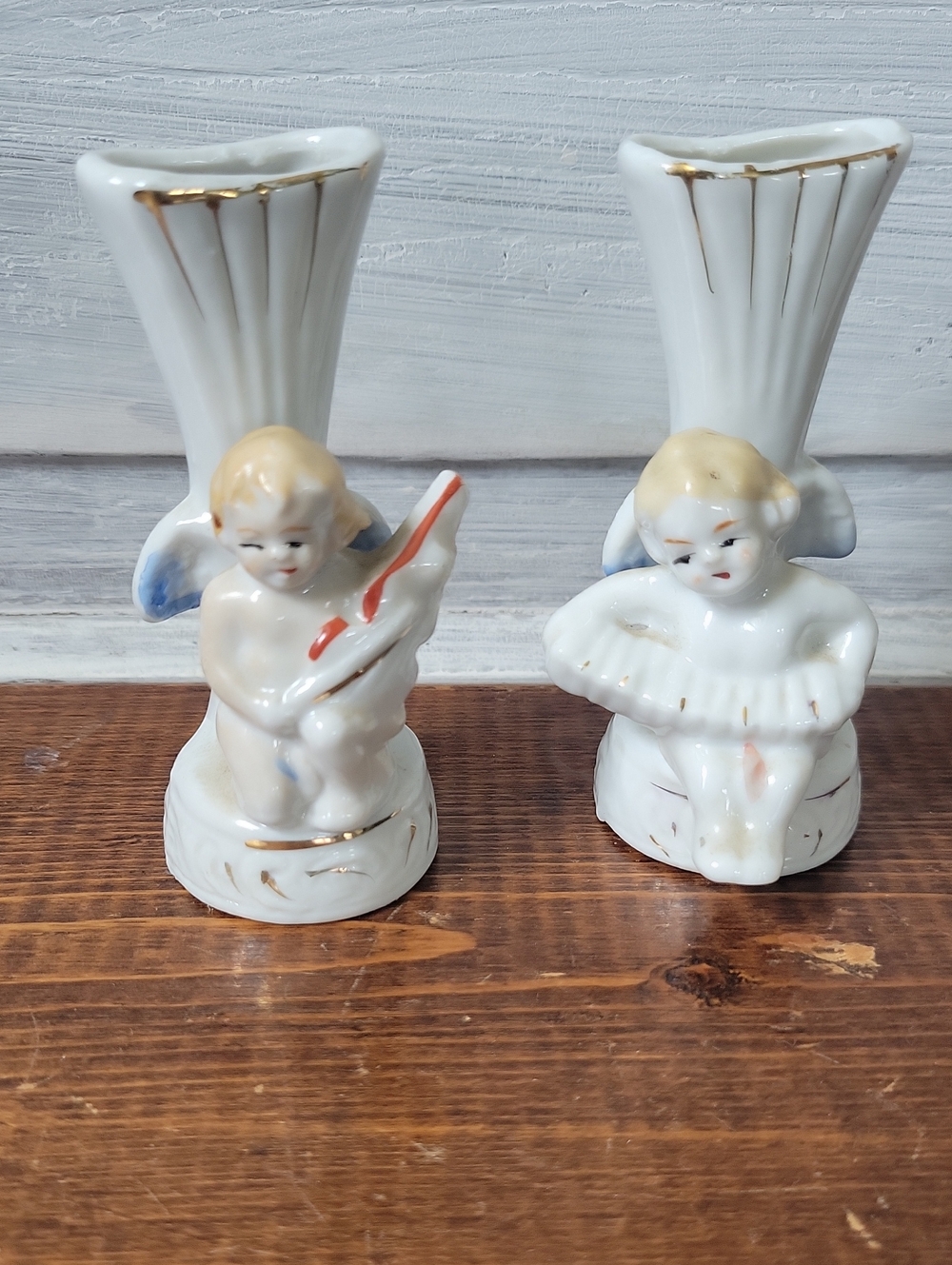 Vintage Mid Century Porcelain Cherub Angel Musician Bud Vases Japan